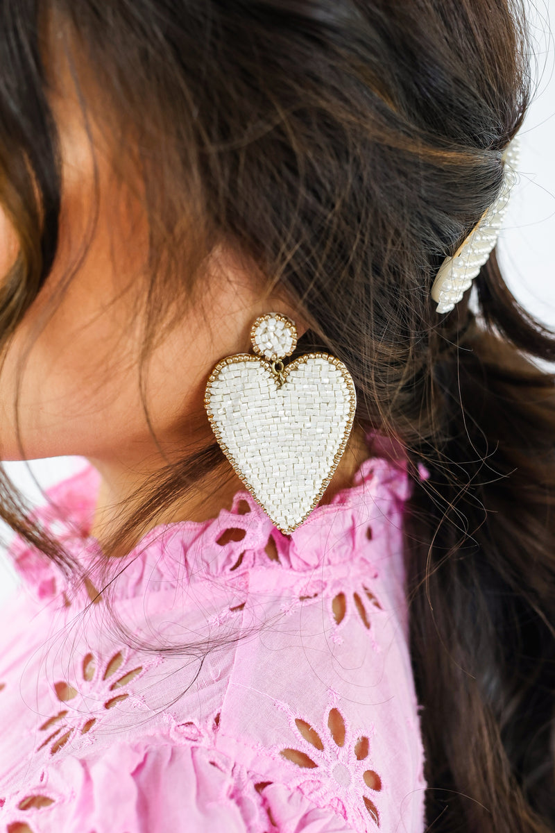 Sweet Heart Beaded Earrings In Ivory