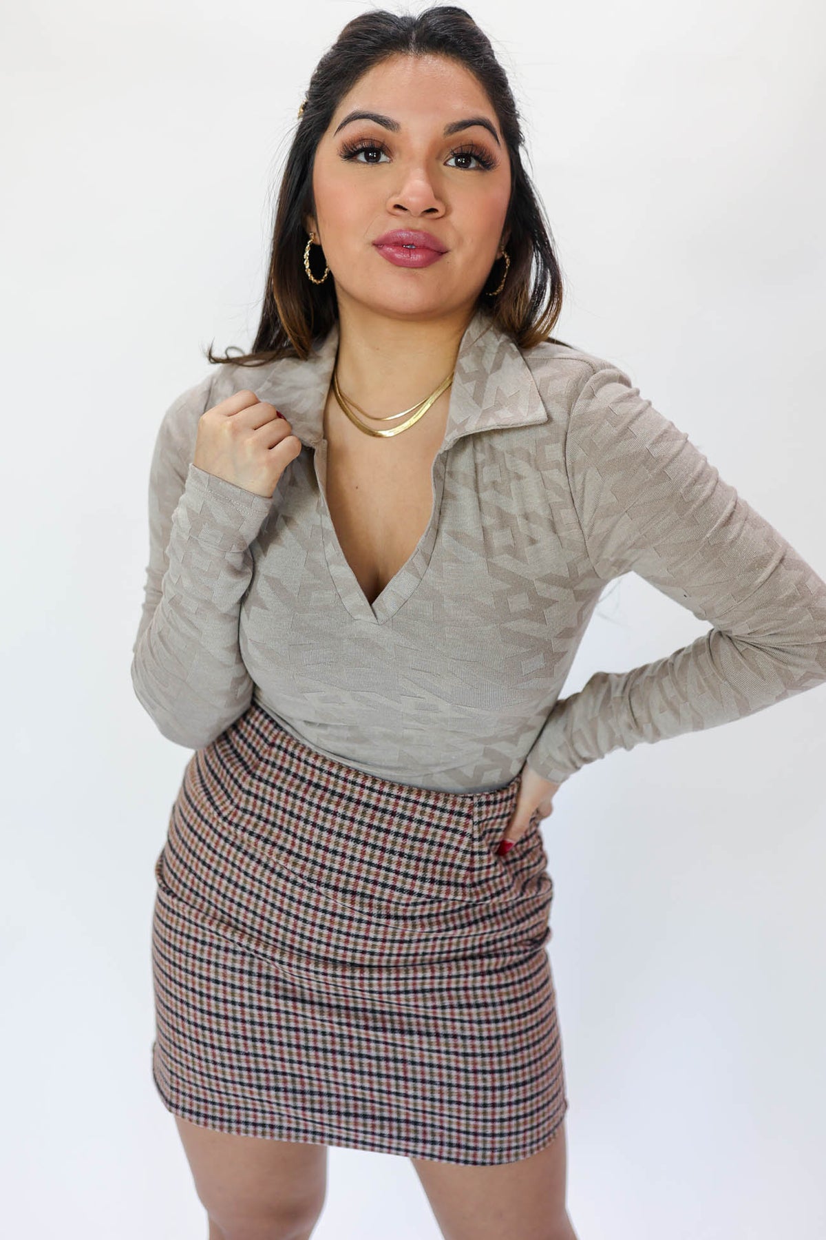 Over The Top Houndstooth Bodysuit In Stone