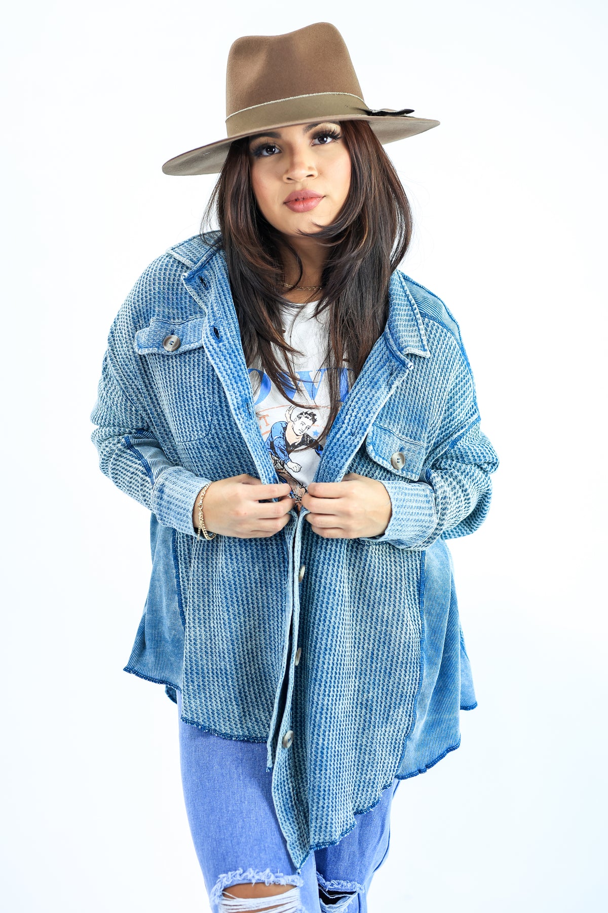 Boho Babe Waffle Shacket In Dark Teal